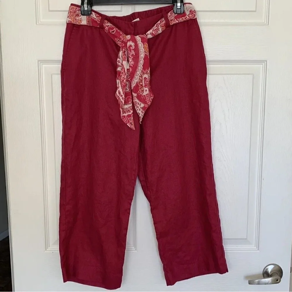 Liz Claiborne Audra Size 8 Wine Color 100% Linen Wide Leg Cropped Belt